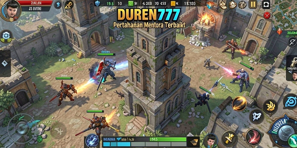 Screenshot gameplay DUREN777 menunjukkan menara bertahan melawan gelombang musuh.