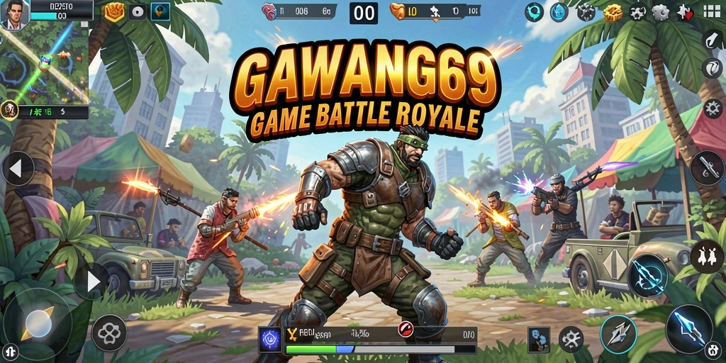 Screenshot gameplay GAWANG69 menampilkan aksi pertempuran Battle Royale yang seru.