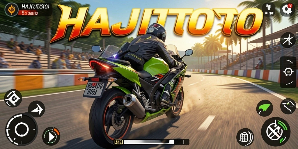 Screenshot gameplay HAJITOTO menampilkan aksi balapan motor yang intens.