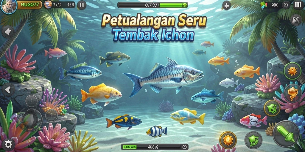 Tampilan gameplay HUGO77 yang mendebarkan saat menangkap ikan.