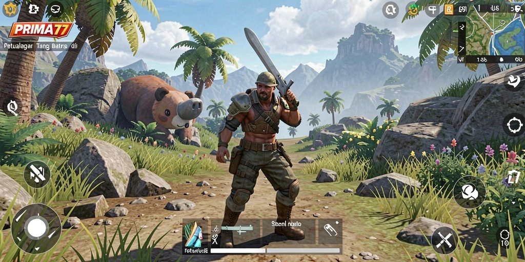 Screenshot gameplay PRIMA77 menunjukkan eksplorasi dunia terbuka yang menakjubkan.