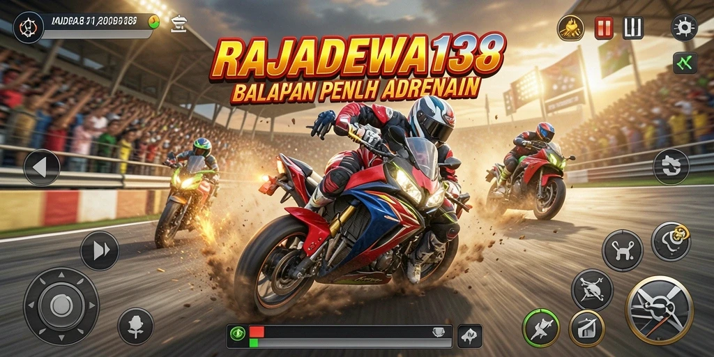 Tampilan gameplay seru dalam RAJADEWA138 dengan berbagai motor balap.