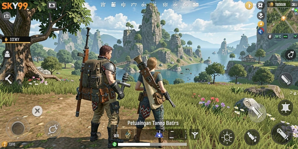 Tangkapan layar gameplay SKY99 yang menampilkan dunia terbuka yang mengagumkan.