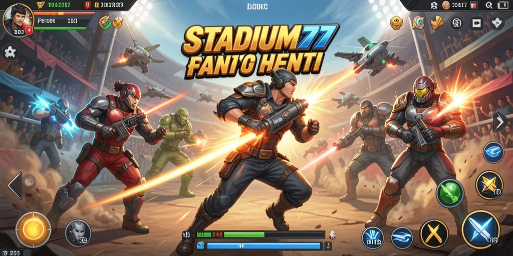 Screenshot STADIUM77 menampilkan aksi seru dalam pertempuran.