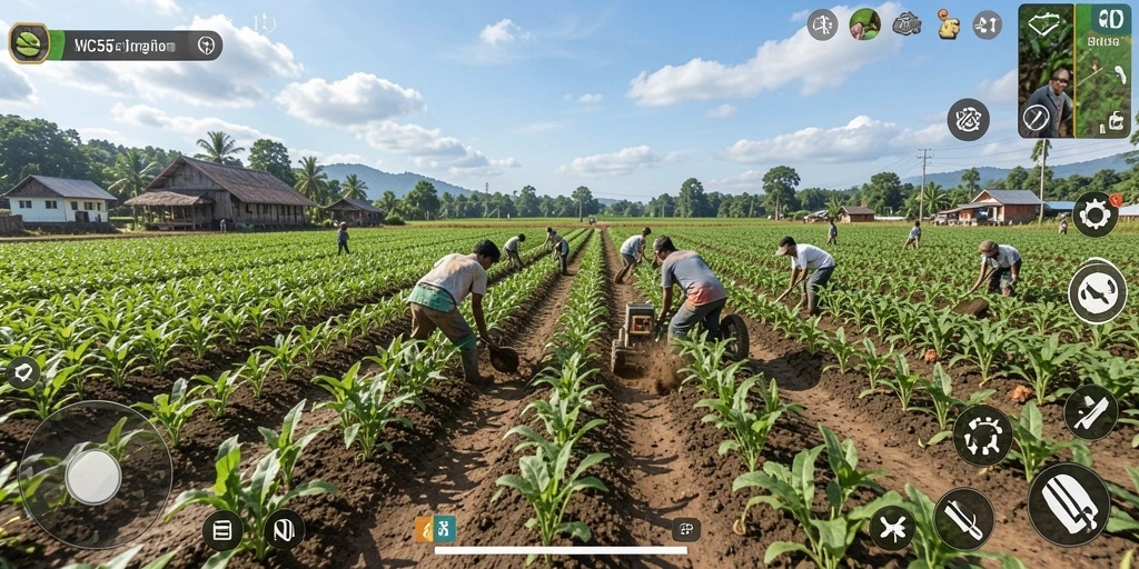 Screenshot gameplay VC55 menampilkan aktivitas pertanian yang menarik.